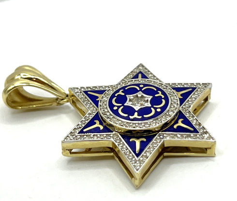 14K Gold & Diamond With Blue Enamel Star of David Necklace